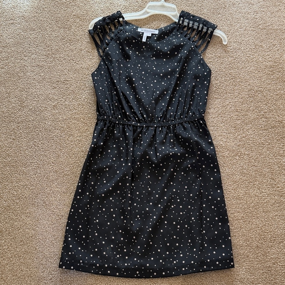 BCBGeneration Black Strappy Mini Dress with Tan Star Print S